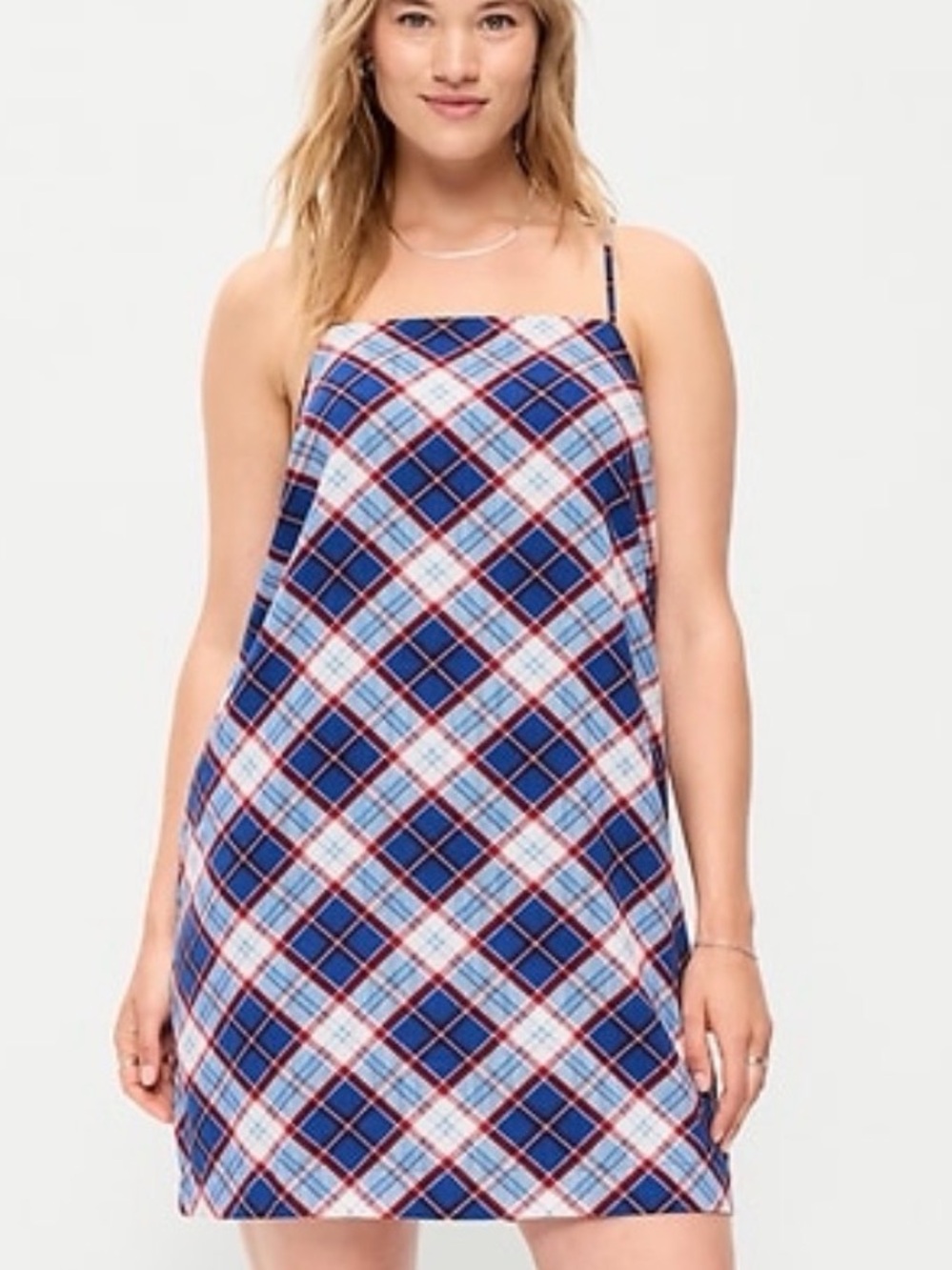 Old Navy Blue Plaid Midi Dress with Red Accents